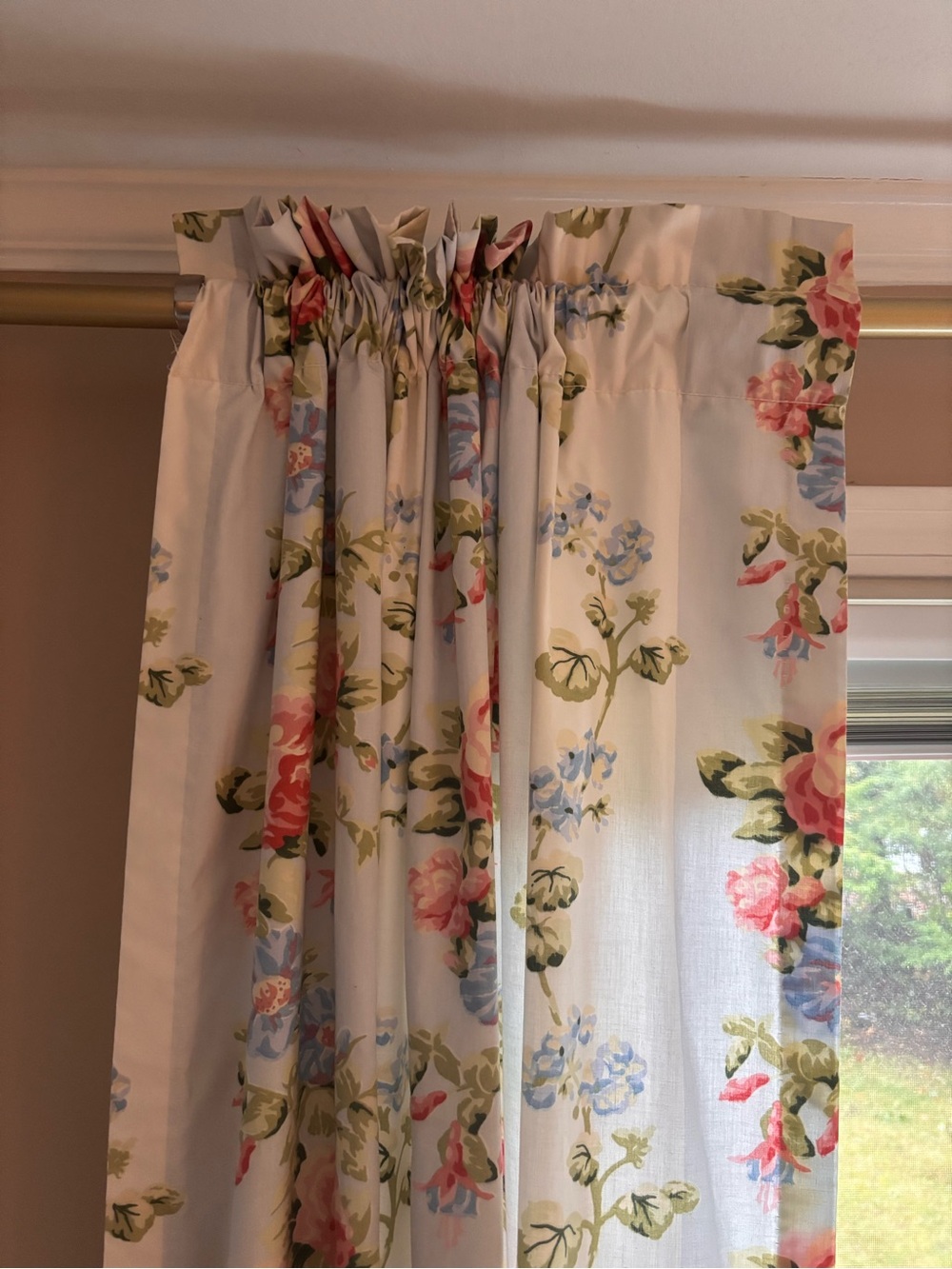 VINTAGE Laura Ashley Cream Floral Curtain Panel Set of 2 Blue Stripe Pink Roses